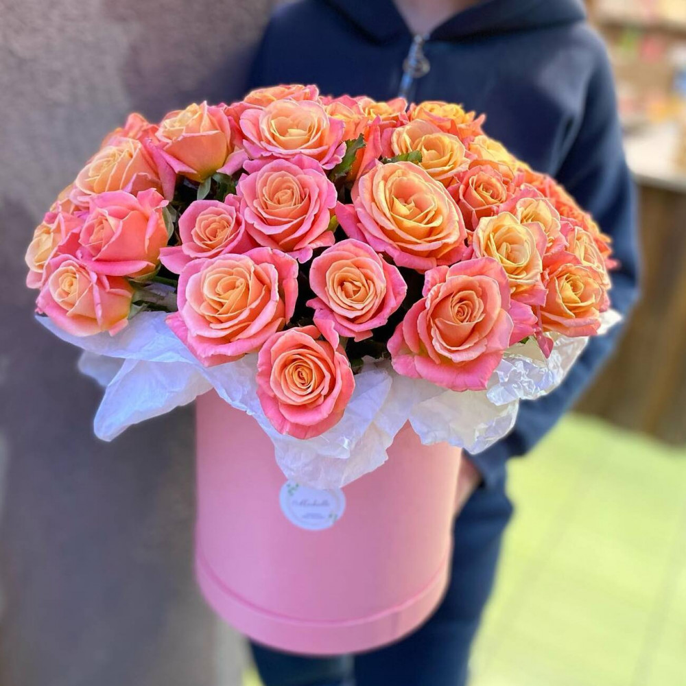 Букет цветов «Оранжевые розы в коробке» - фото 3