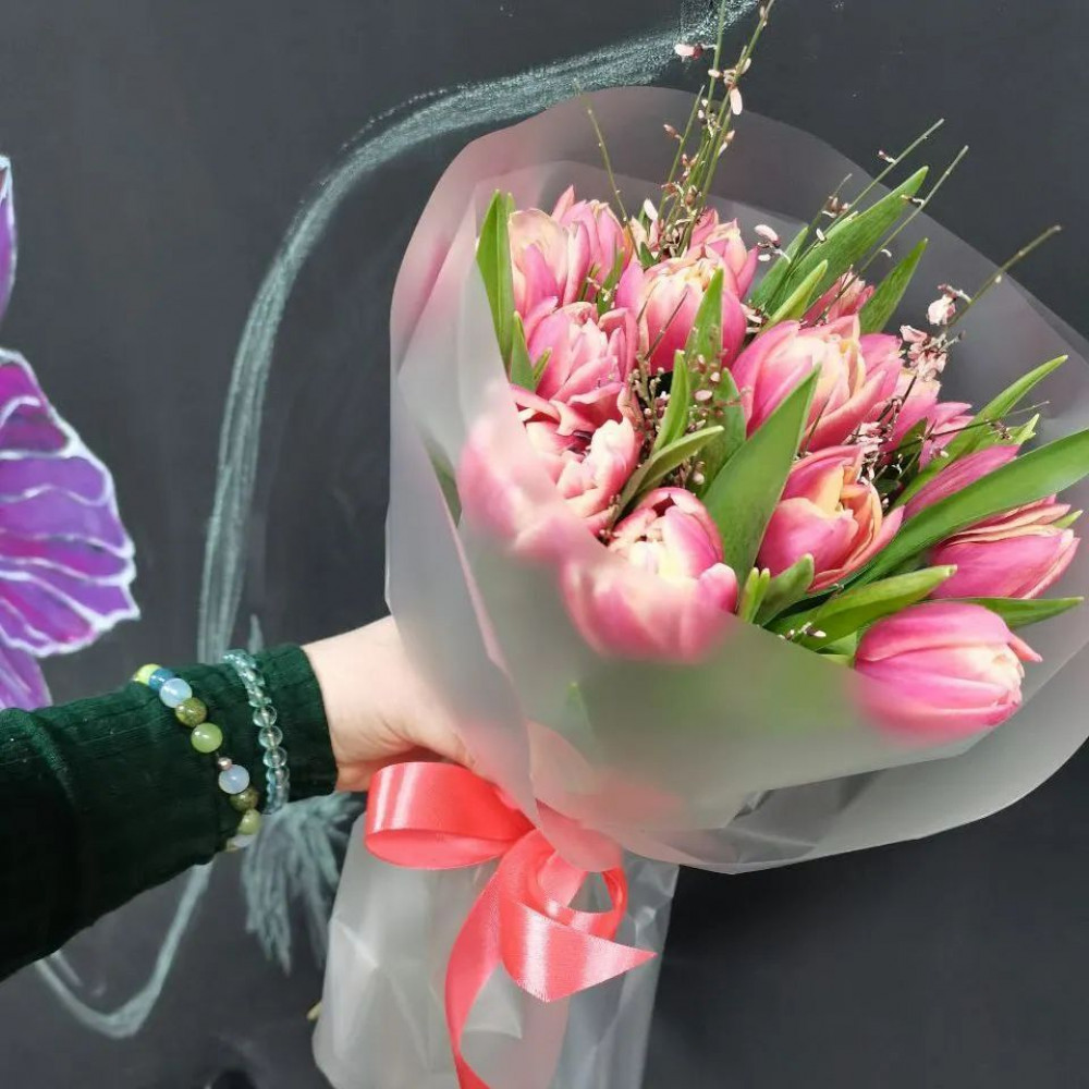 Букет цветов «Букет из розовых пионовидных тюльпанов» - фото 2